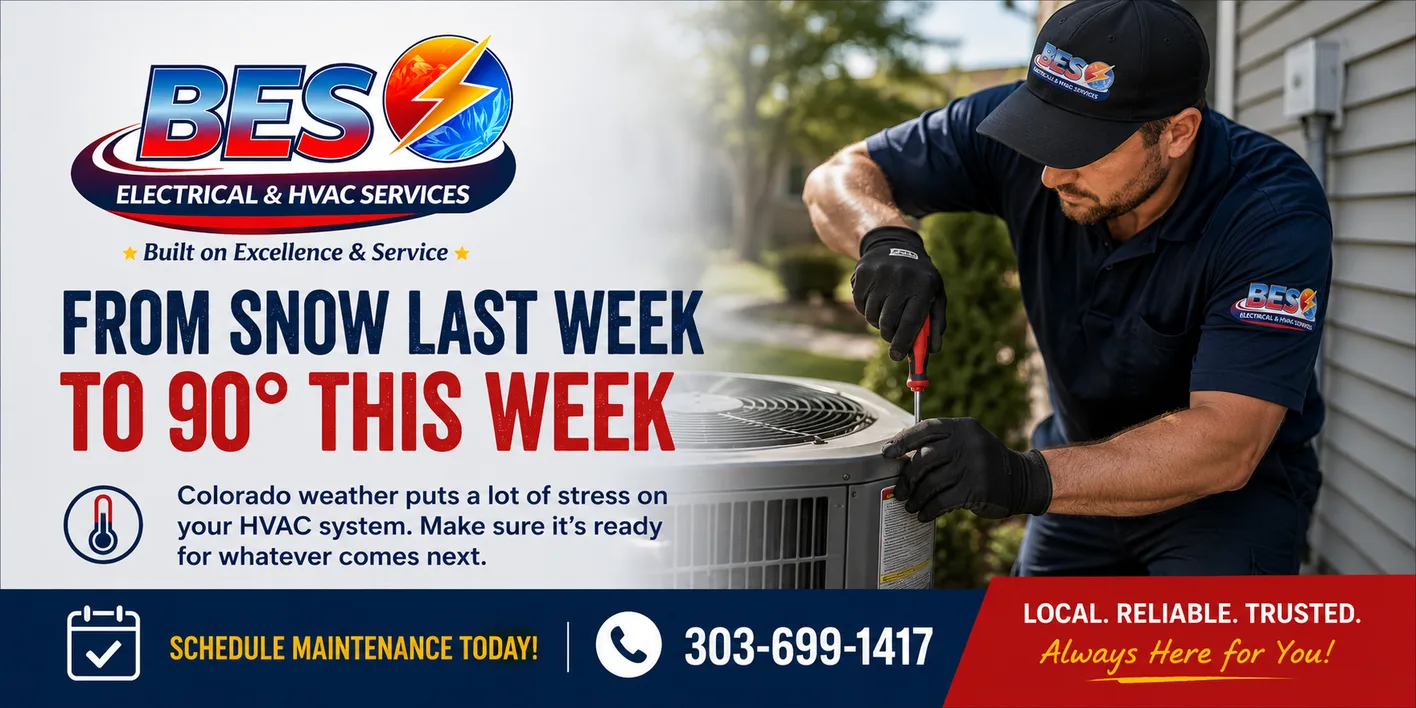 A BES technician servicing an outdoor AC condenser, with the headline "From snow last week to 90 degrees this week"