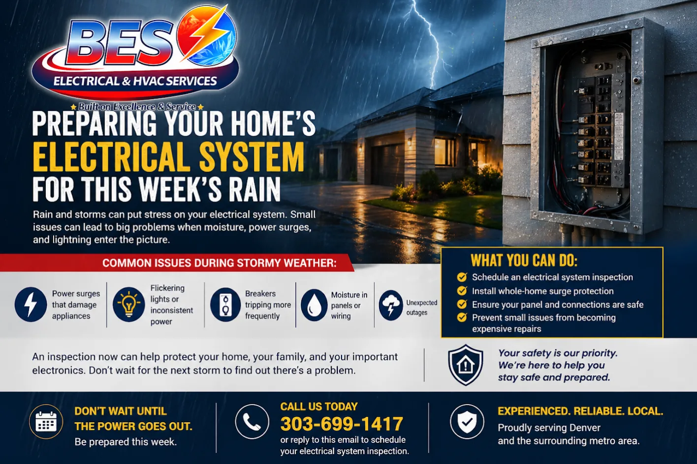 BES flyer showing a stormy Denver-area home and an outdoor electrical panel, with tips for preparing your electrical system for heavy rain
